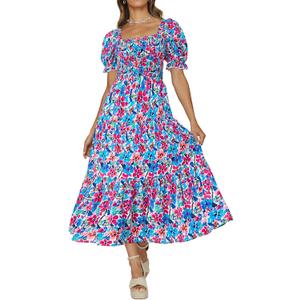 PRETTYGARDEN Women's Boho Floral Print Summer Dresses Square Neck Puff Sleeve A Line Long Dress Smocked Casual Maxi Dress (Silver, XL)