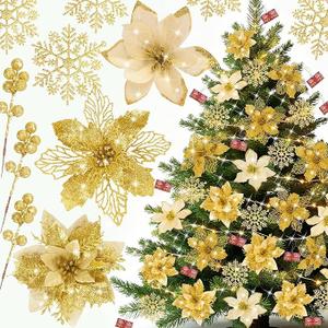 64 Pcs Poinsettia Christmas Decorations Artificial Poinsettia Flowers Glitter Berry Picks Butterfly Christmas Tree Ornament Kit with Clips for DIY Floral Wreath Party Xmas Tree Decor(Champagne)