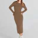 ANRABESS Women Long Sleeve Sweater Dress Crewneck Bodycon Stretch Slim Fit Ribbed Knit Midi Dresses 2025 Fall Trendy Outfits Brown Medium (Brown, M)
