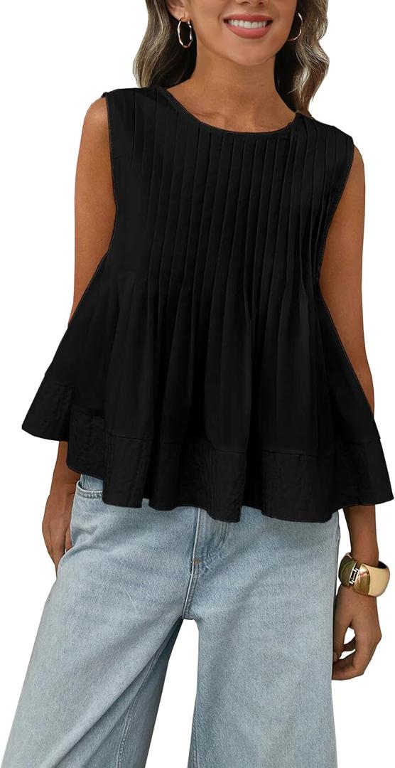 Womens Summer Pleated Peplum Sleeveless Blouse Tank Tops Round Neck Y2K Babydoll Blouse Shirt (X-Small, Black)