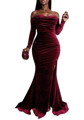 Vakkest Women Off The Shoulder Formal Dresses Long Sleeve Evening Party Velvet Maxi Dress High Split Cocktail Gowns, XXL