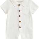 Honganda Summer Baby Boy Cotton Linen Jumpsuit Short Sleeve Button Down Playsuit Romper One Piece Outfit 0-24M (12-18 Months, White)
