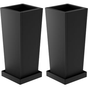 Metal Tall Outdoor Planters Set of 2, 30 inch Durable Tall Planters with Rust-Proof Coating & Drainage Insert Shelve & Trays, Black Outdoor Planters for Porch, Garden, Patio, Yard