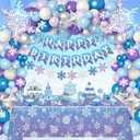 Frozen Birthday Decorations for Girls,Happy Birthday Banners,Blue Purple Balloon Arch Garland Kit,Party Decor Supplies,Foil Snowflake Balloons,Tablecloth