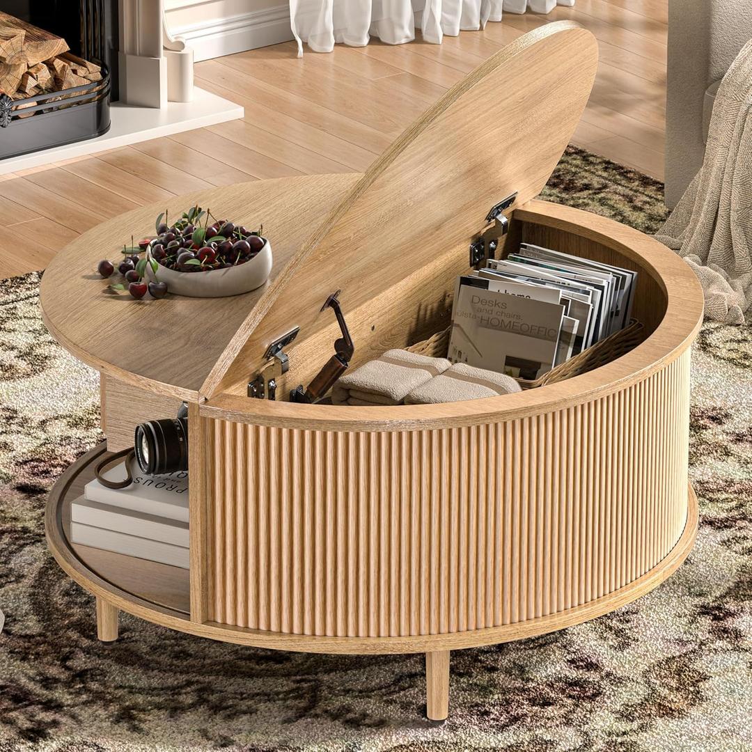 Round Coffee Table, 31.5" Fluted Center Table with Storage, Lift-Top Coffee Table with Adjustable Footpads, Sliding Door, Mid-Century Modern Center Table for Living Room, Small Space (Nature)