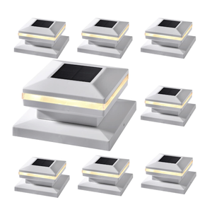 Dynaming 8 Pack Solar Post Lights, Outdoor Decorative Post Cap Light, Solar Powered White Shell Caps, High Brightness Warm White SMD LED Lighting for Fence Deck Patio, Fit 4x4, 5x5 or 6x6 Wooden Post