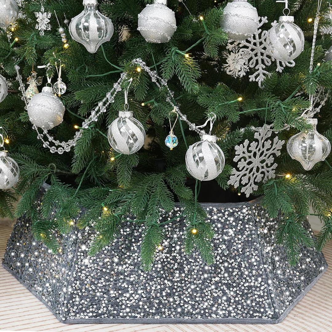 Christmas Tree Collar with Sparkling Sequin Tree Skirt for Holiday Home Decor Xmas Tree Ring(Silvergrey, X-Large)