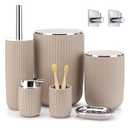 Boperzi Bathroom Accessory Set 8 PC: Bathroom Accessories Set with Trash Can, Lotion Dispenser, Soap Dish, Toothbrush Cup, Toilet Brush, Adhesive Hooks - Bathroom Decor Kit, Beige Bathroom Set Complete