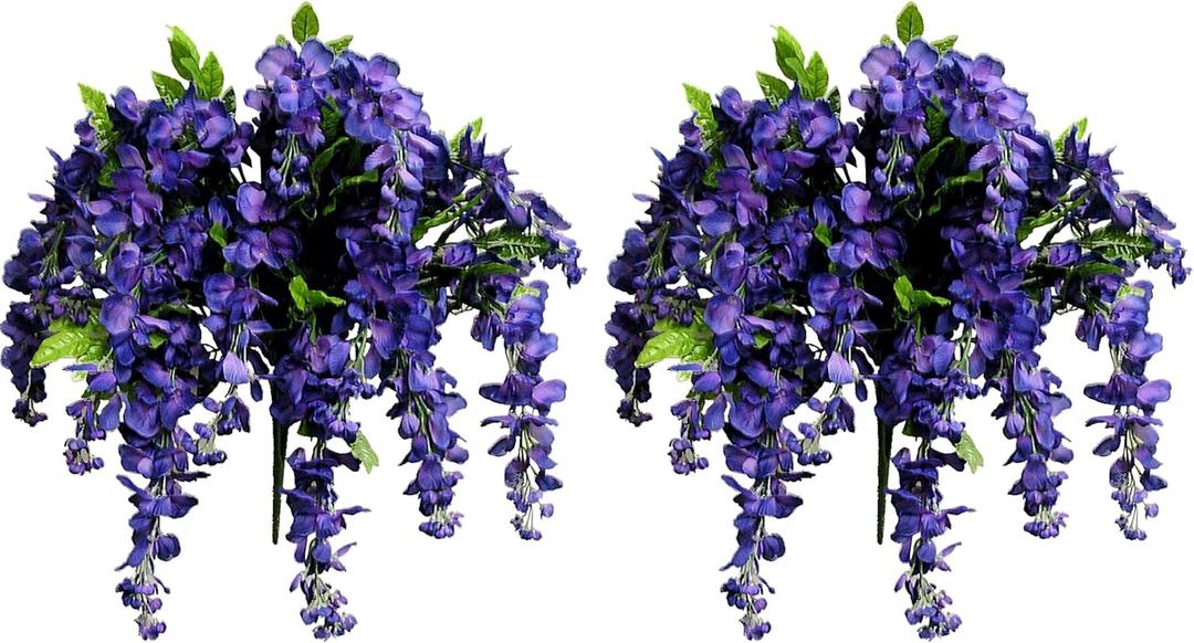 Admired By Nature 2pcs of 15 Stem Artificial Flowers Wisteria Hanging Plants Flowers for Outdoor, Fake Hanging Plant Baskets for Home Decor Wedding Garden Cemetery Flowers for Grave, Purple