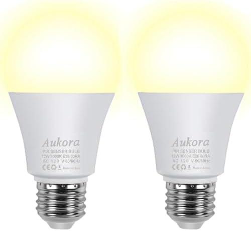 Motion Sensor Light Bulbs, Aukora 12W (100-Watt Equivalent) E26 Motion Activated Dusk to Dawn Security Light Bulb Outdoor/Indoor for Front Door Porch Garage Basement Hallway Closet(Warm White 2 Pack)