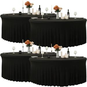 4 Pack 132 Inch Black Round Tablecloth, Fitted Tablecloths for 6FT Round Tables, Spandex Table Cover with Table Skirt for Wedding Photography Party Professional Events Halloween Decoration Indoor