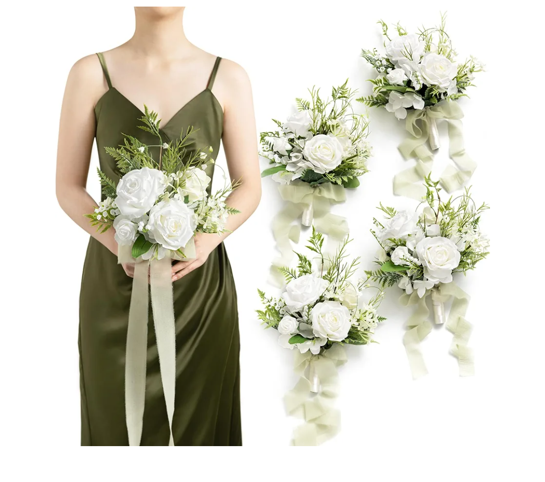 Ling's moment Artificial Flowers Lily of Valley White Bridesmaid Bouquet Set of 4, Green Wedding Flowers Bouquets for Bridesmaids, 7 Inch Bridal Bouquets for Bridesmaids, Wedding, etc