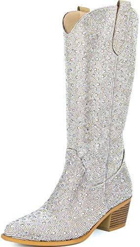SOVANYOU Women's Rhinestone Cowboy Boots Pointed Almond Toe Block Heel Sparkly Cowgirl Boots, Size 7