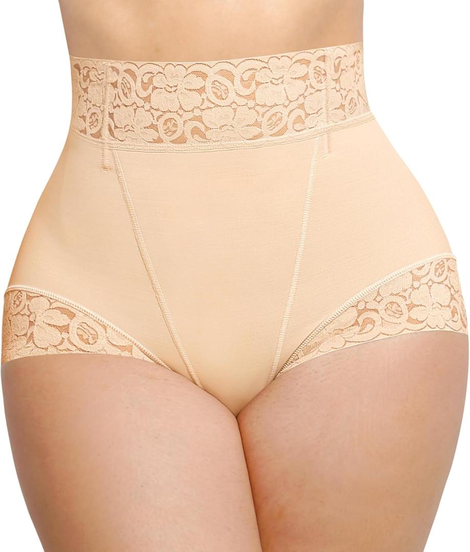 SHAPELLX Shapewear for Women Tummy Control Short Faja Body Shaper Compression Panties Mid Waisted Briefs Lace Underwear (Large, A2-Beige)