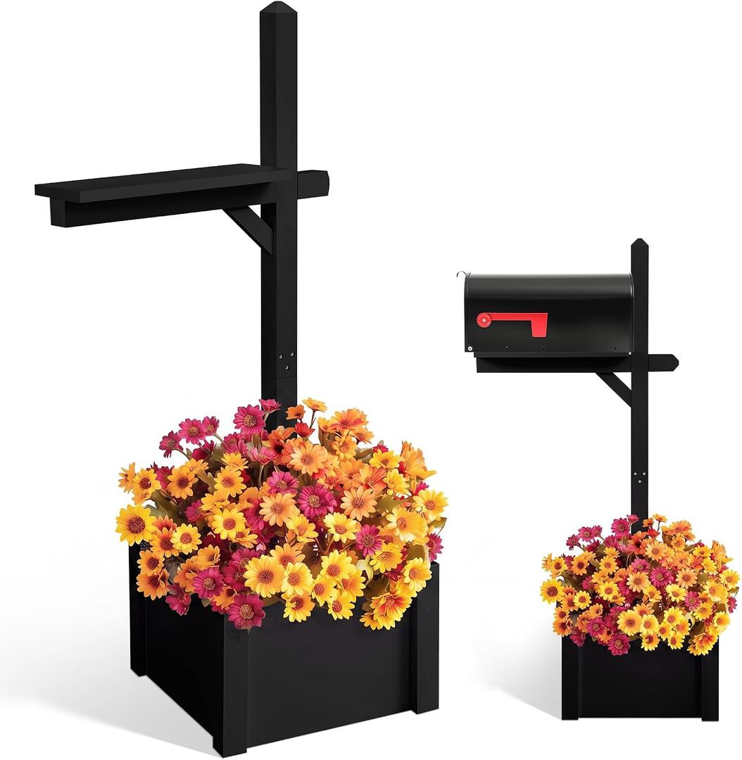 Colingmill 55 Inch/4.58 ft H Wooden Mailbox Post with Planter Box for Outside Decorative Post Flower Box(Not Included Mailbox)(Black)