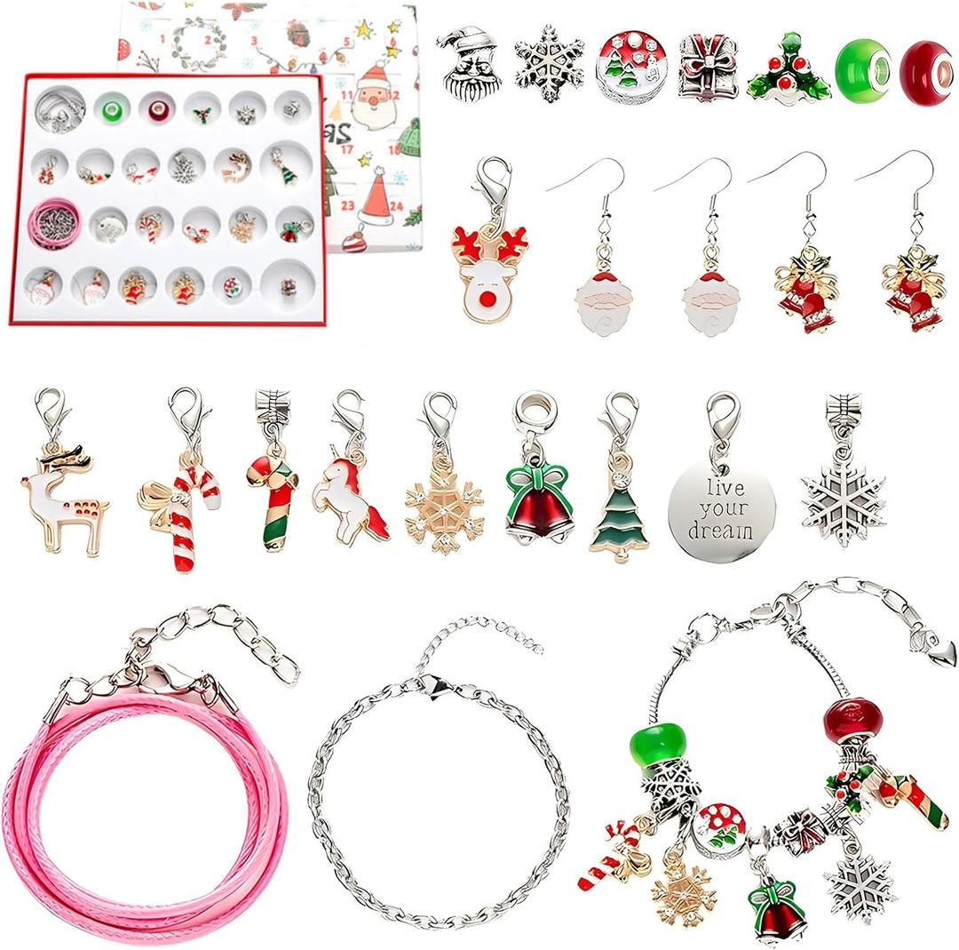 Christmas Advent Calendar Jewelry Set 2025, 24 Days Necklace Set Xmas Bracelet with DIY Charm Making Kit, Xmas Countdown Gift for Girls Teen Women (Silver)