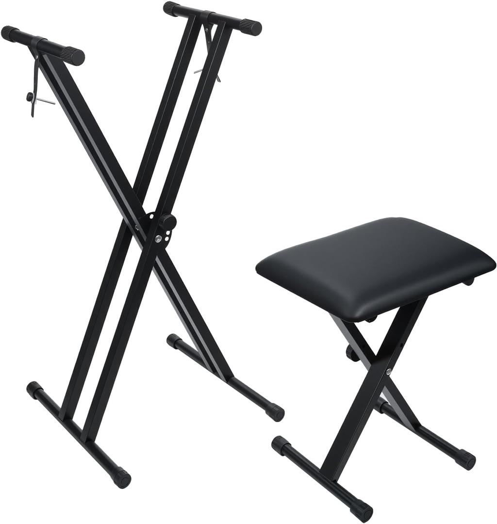 Keyboard Stands and Bench Set,7 Adjustable Heights Double-X Keyboard Stand,Portable Keyboard Piano Stand with Locking Straps,Piano Keyboard Stand Fits for 54-88 Key Digital Pianos(9.84-29.92Inch)