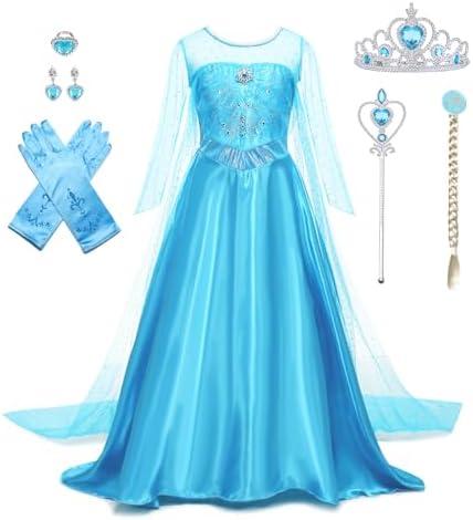 AHLPO Elsa Dress for Girls Princess Dress Up Halloween Cosplay Elsa Costume Fancy Dress Birthday Outfit with Accessories, 7-8years