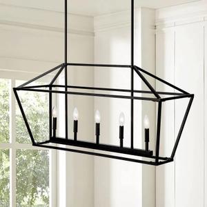 Untrammelife 5-Light Linear Pendant Light Fixture, Kitchen Island Lantern Pendant Lighting, Linear Chandelier with Adjustable Height in Coal Black Finish (Black)
