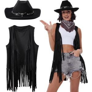 PARTTELY Western Outfits for Women Cowgirl Tassel Sleeveless Vest Cowboy Hat and Paisley Bandana (Black)