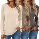3 Pack Women's Long Sleeve Sweatshirts Cotton V Neck Pullover Shirts Casual Loose Fit Soft Basic Tunic Tops (Dark Brown, Coffee, Apricot)