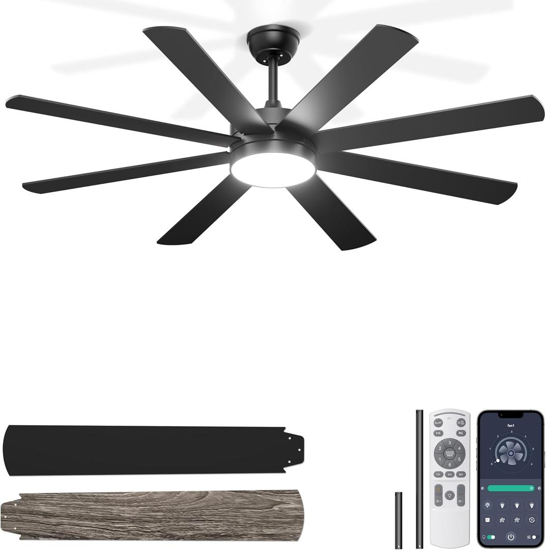 Phylluz 60'' Black Ceiling Fan with Lights for Indoor/Covered Outdoor, Black, 60 Inch, With Light