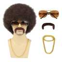 Men Afro Wig With Glasses Necklace Mustache and Wig Cap 70s Brown Natural Fluffy Afro Disco Wig Curly Synthetic Hair Wig for Halloween Chrismas Cosplay Party