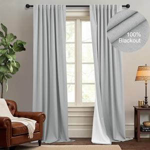 Total Blackout Curtains Full Shade 84 Inches Long Light Grey Gray Black Out Thick Linen Drapes for Living Room Thermal Insulated Bedroom Heavy Duty White Backing Back Tab Pleated 52x84 Length 2 Panel