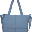 NOL Large Puffy Quilted Tote Bag for Women, Lightweight with Removable Strap & Zippered Compartments for Travel & Work (Dusty Blue)