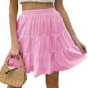 Tsher Women's High Elastic Waist Ruffle Casual Boho A-line Mini Skirts 0328 (L, Pink)