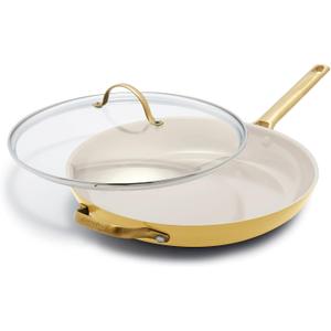 GreenPan Hard Anodized Healthy Ceramic Nonstick 12" Frying Pan Skillet with Helper Handle and Lid, Gold Handle, PFAS-Free, Dishwasher Safe, Oven Safe, Sunrise Yellow