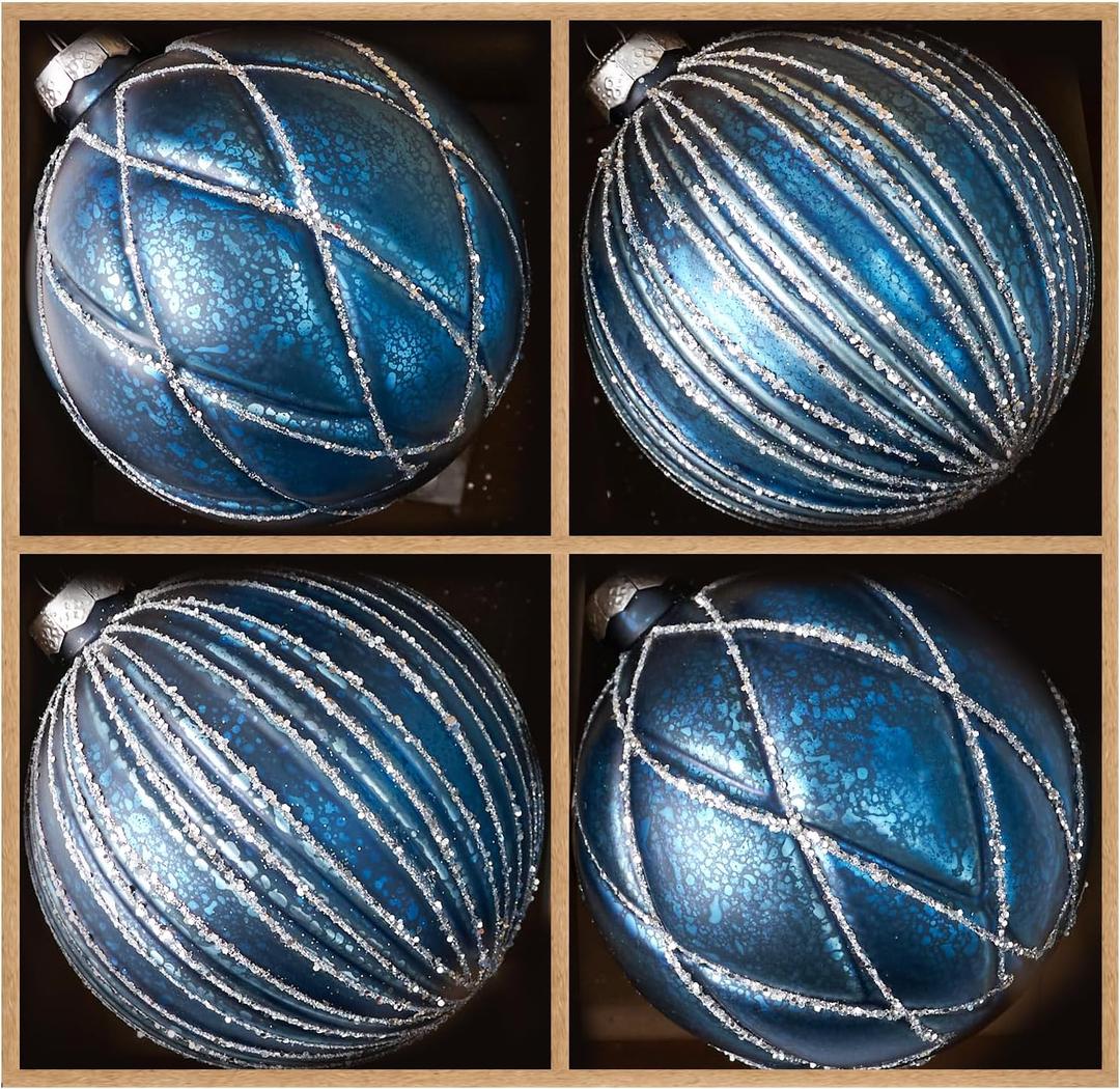 DN DECONATION 4PCS Blue Glass Christmas Ball Ornaments  4 Shimmering Silver Lines Hanging Ball Ornaments Set for Christmas Tree, Winter Decor Elegant Holiday Decorations Wedding