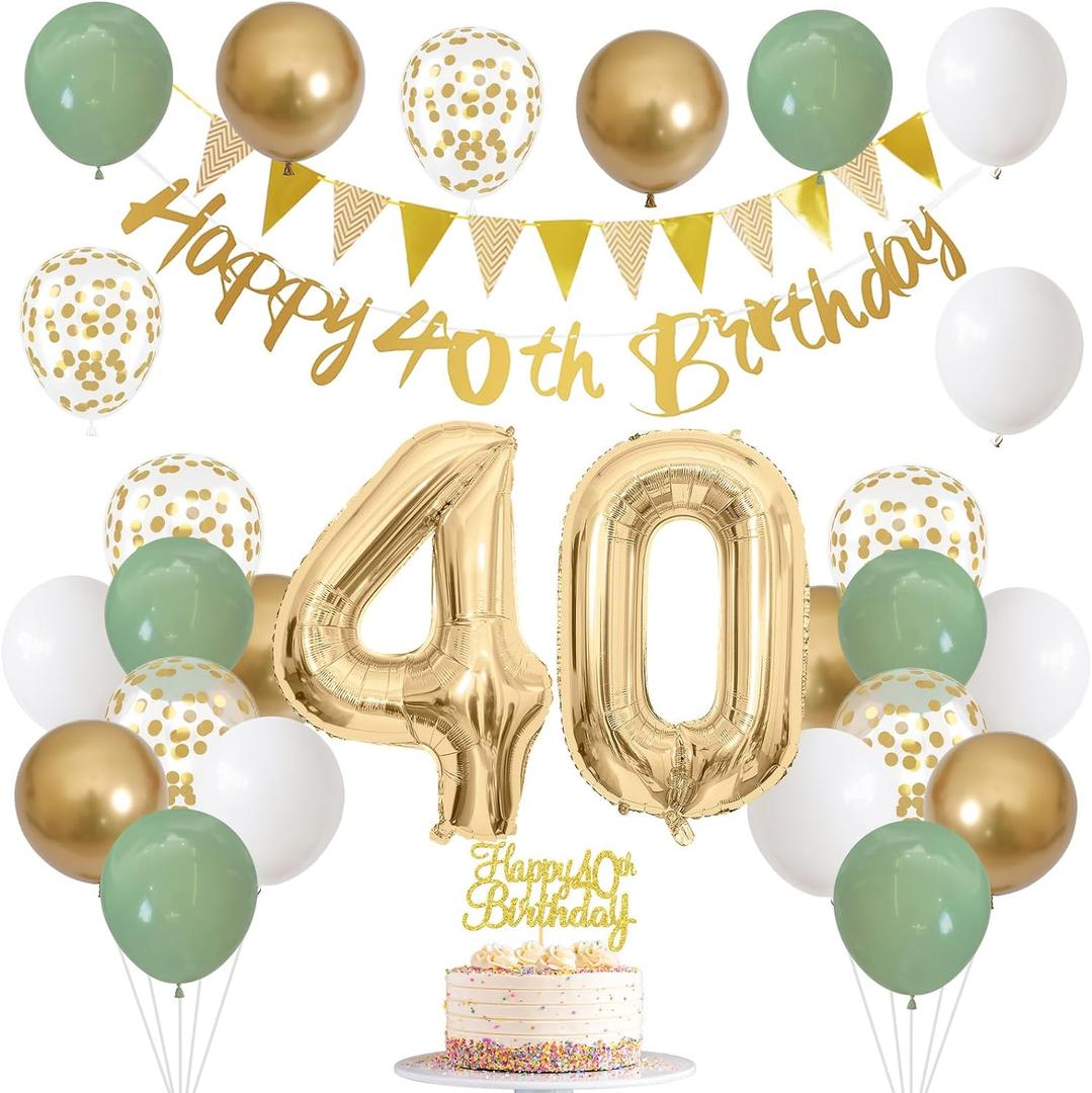 Sage Green White Gold 40th Birthday Balloons with Happy 40th Banner, Cake Topper, Foil Balloons for 40 Year Old Party Decoration