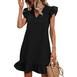 SOLY HUX Summer Dresses for Women V Neck Cap Sleeve Ruffle Hem Smock Short Dress, Medium