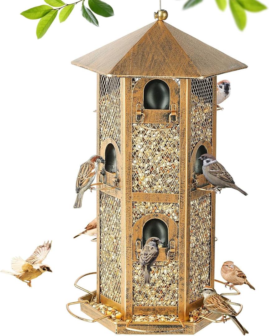 Multi Layer Bird Feeder for Outdoors, Hexagonal Tower Shaped Bird Feeders for Garden Patio Outside Hanging, Metal Wild Finch Feeder for Small Sparrows -4Lbs Capacity