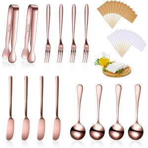 Patelai Charcuterie Boards Accessories Charcuterie Utensils Set Cheese Butter Spreader Knives Stainless Steel Mini Serving Tongs Spoons Forks and Toothpick Flags for Appetizers Pastry (Rose Gold)