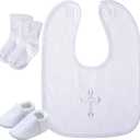Hicarer 5 Pcs Baptism Gifts for Boys Girls Including White Embroidered Cross Bib Christening Shoes and Socks for Baby Infant (6-12 Month)