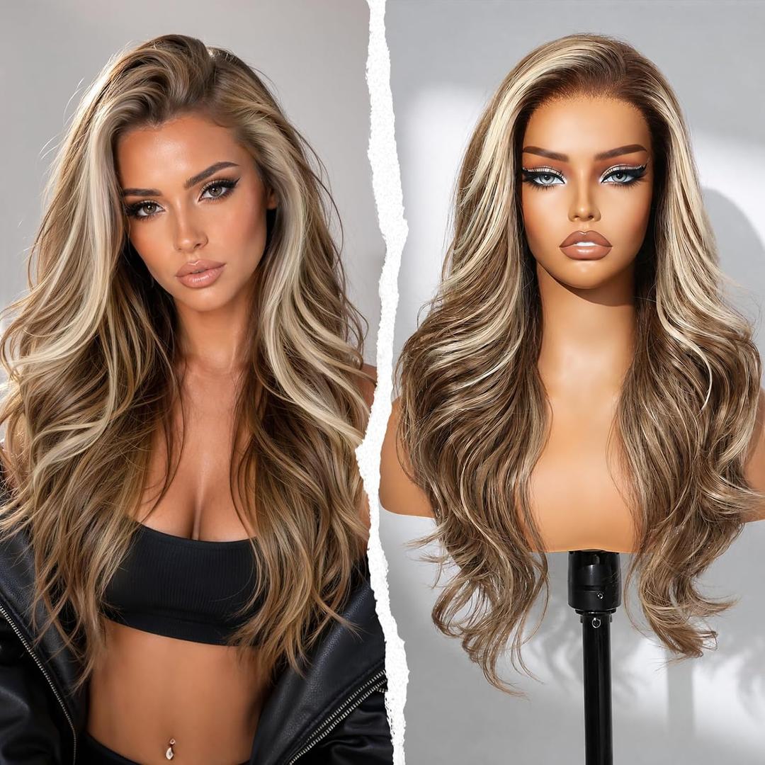 Balayage Brown Highlight Synthetic Lace Front Wig, 13x4 HD Lace Layered Body Wavy Glueless Wig,Old Money Styler Natural Looking Fake Human Hair for Women 26IN