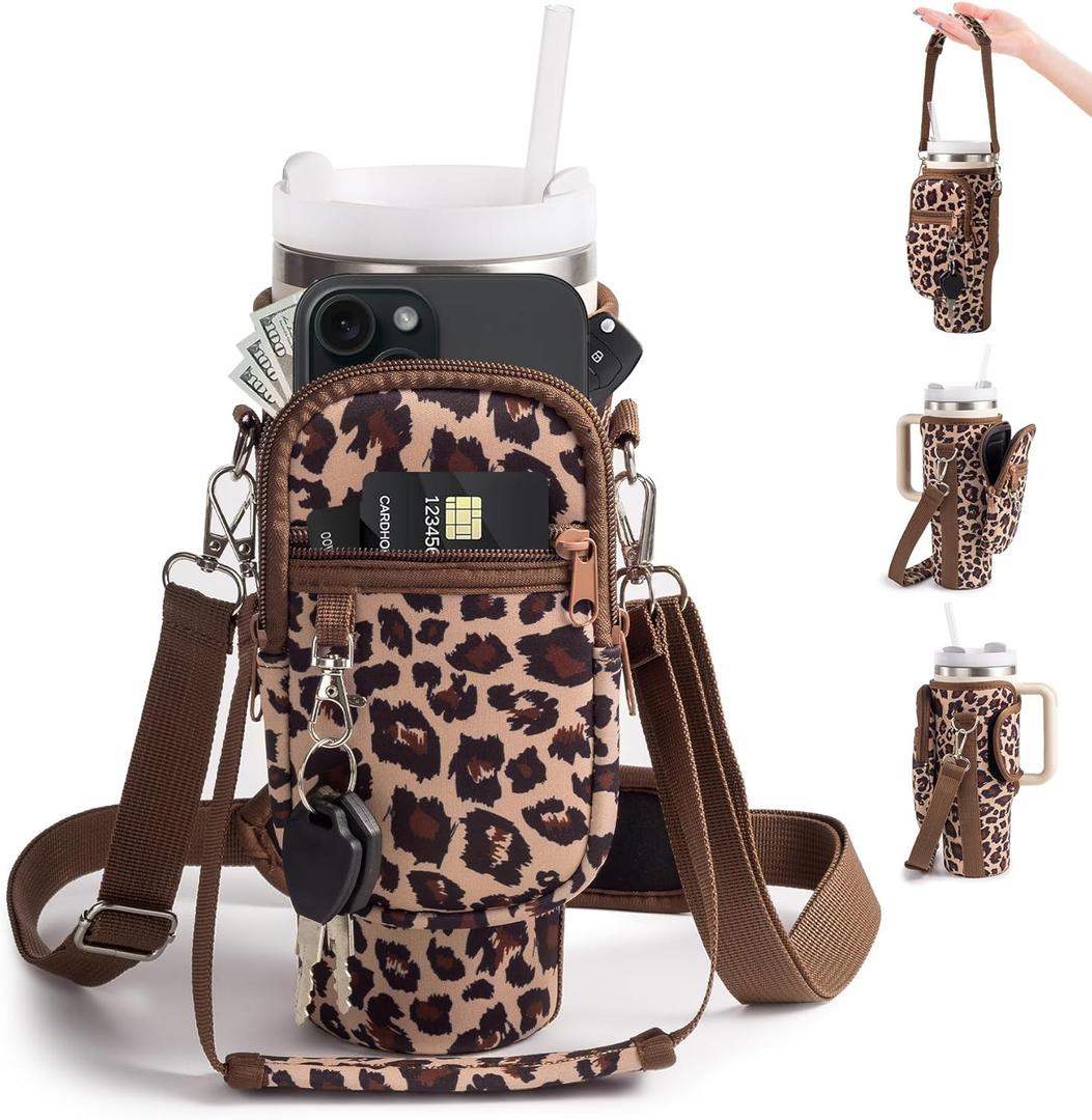 linmaya Water Bottle Carrier Bag for Stanley Cup 40/30oz with Phone Holder Pockets,Neoprene Water Bottle Cross-body Bag with Adjustable Shoulder & Hand Strap Stanley Cup Accessories (Pink Leopard)