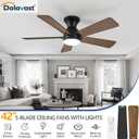 Ceiling Fans with Lights, 42 Inch Low Profile Ceiling Fan with Light and Remote Control, Flush Mount, Reversible, 3CCT, Dimmable LED, Quiet, Black Ceiling Fan for Bedroom, Kitchen