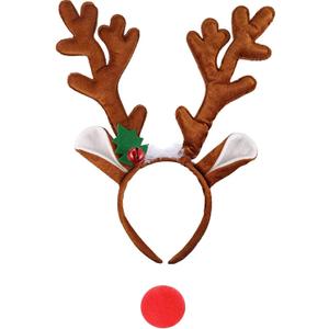 Christmas Reindeer Antlers Headbands with Red Nose, Antlers Hair Hoop Headpiece for Christmas and Holiday Parties Favors Multicolor