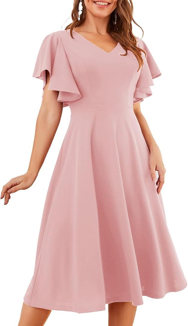Bridesmay Women's Formal Wedding Guest Dress for Women 2026 Short Sleeve Fit and Flare Tea Party Dresses (Pink, XXL)