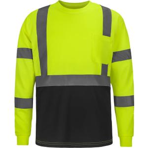 High Visibility Class 3 T ShirtsHi Vis Safety Shirts with Reflective Strips and Pocket, Long Sleeve Quick Dry Mesh Construction Work Shirt for Men/Women Black Bottom Lime, Large 
