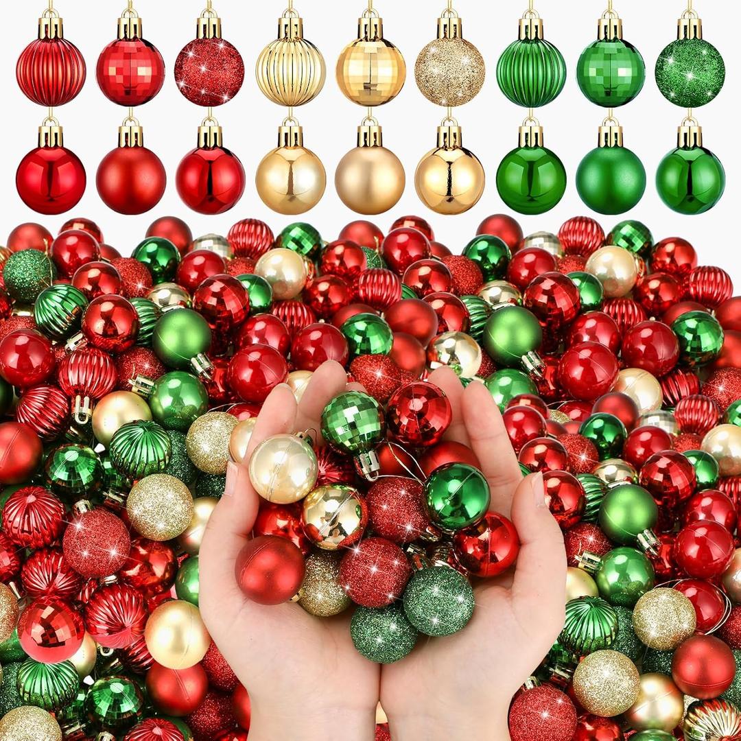 Shappy 216 Pcs Mini Christmas Ball Ornament 1.18 Inch Small Christmas Tree Decorations 6 Styles Shatterproof Xmas Ball with Hanging Loop for Holiday Party Wreath Xmas Tree(Red, Green, Gold)