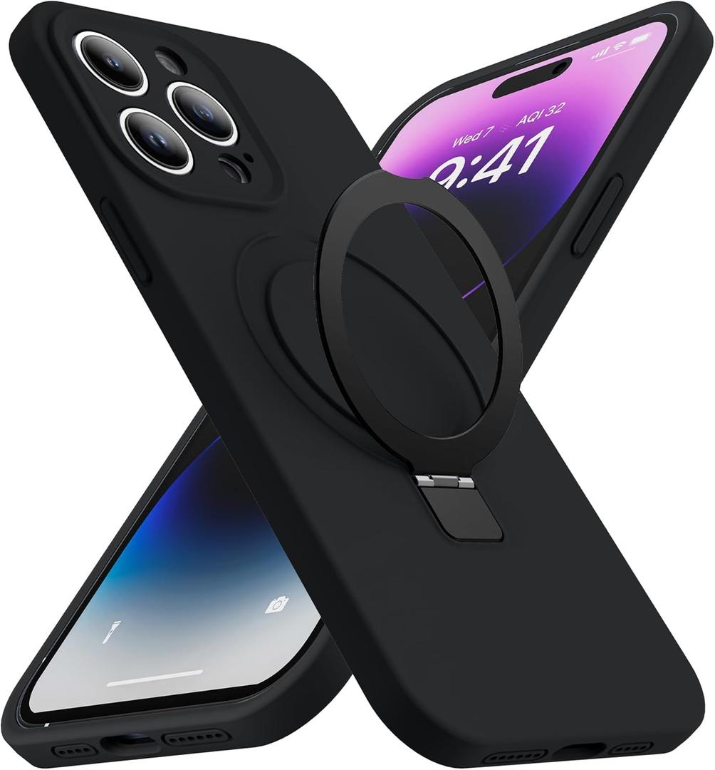 SKYLMW Designed for iPhone 15 Pro Case with Magnetic Invisible Stand Compatible with Mag-Safe Military Drop Tested Shockproof Silicone Phone Cases for Women Men 6.1'', Black