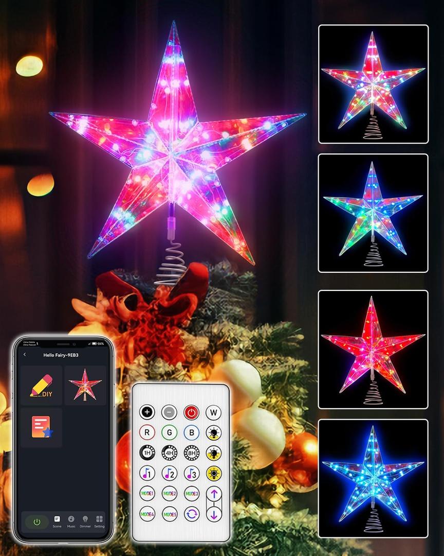 11.8" Christmas Tree Topper Star with APP & Remote Control, Color Changing Tree Topper Star Lighted with Music Sync, DIY Modes, Dimmable, Timer for Indoor Christmas Tree Decoration