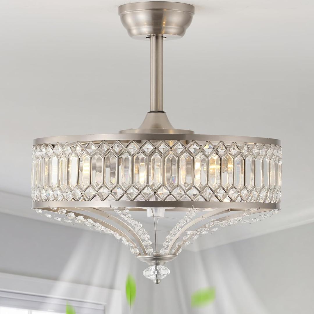 20'' Silver Crystal Fandelier Ceiling Fan with Light Remote, Modern Chandelier 6 Speed, DC Motor for Bedroom, Living Room, Girl Room