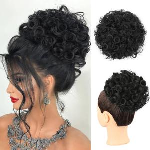 Messy Wavy Bun Hair Pieces for Women Short Curly Drawstring Ponytail Updo Hair Bun, 1PCS Large Thick Curly Black Hair Bun Clip on Ponytails for Women SyntheticTousled Updo Hair Buns Extension (1b#)