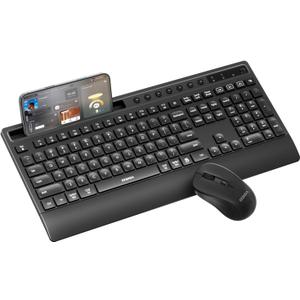 seenda Bluetooth Keyboard and Mouse, COE201 Multi-Device Ergonomic Keyboard Mouse with Phone Holder, Full Size Wireless Quiet Combo Compatible for Windows, Laptop, MacBook Pro/Air, PC, iPad - Black