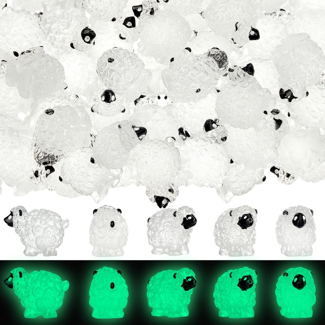 Suzile 50 Pcs Miniature Sheep Figurines White Figure Cute Mini Sheep Statue Landscape Fairy Little Resin Decor for Indoor Outdoor Garden DIY Ornament Cake Topper(Luminous Style)
